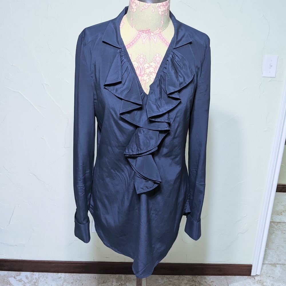 Ann Taylor Silk Long Sleeve Ruffle Top Blue business casual blouse